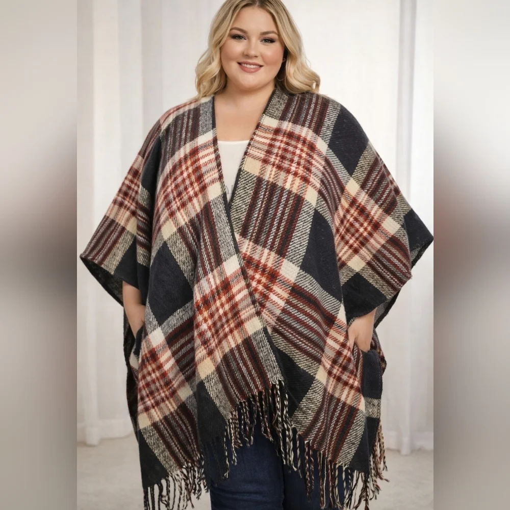 Anne Klein Plaid Wrap Cape in Navy, Cream & Wine